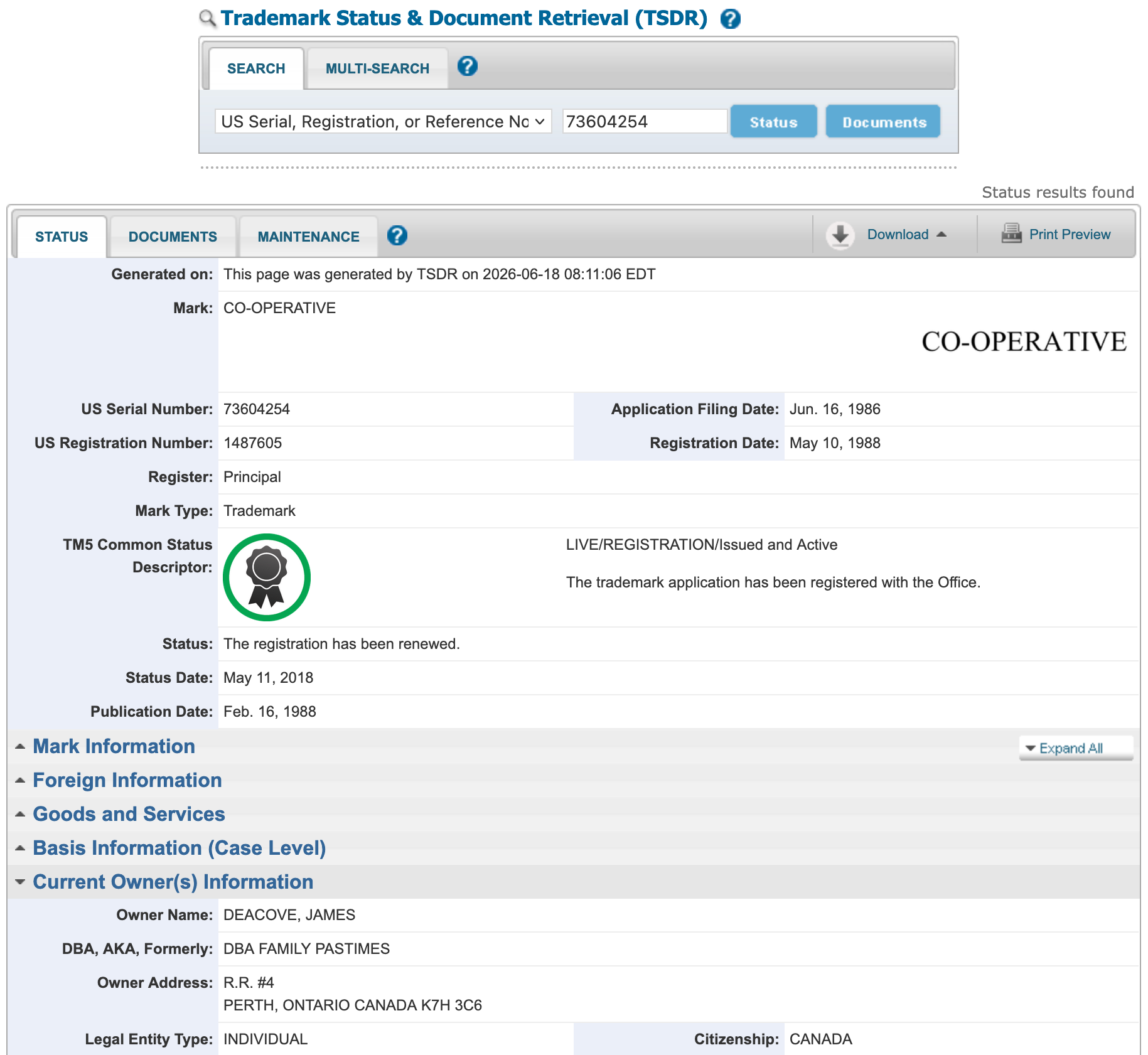 A screenshot from the U.S. Patent and Trademark Office showing the registered trademark status for "CO-OPERATIVE"