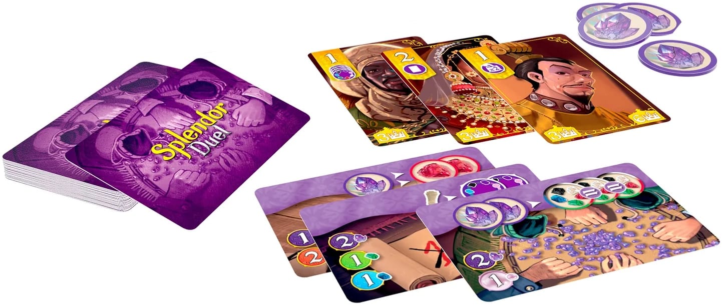 Some of the components in Splendor Duel: The Counterfeiters