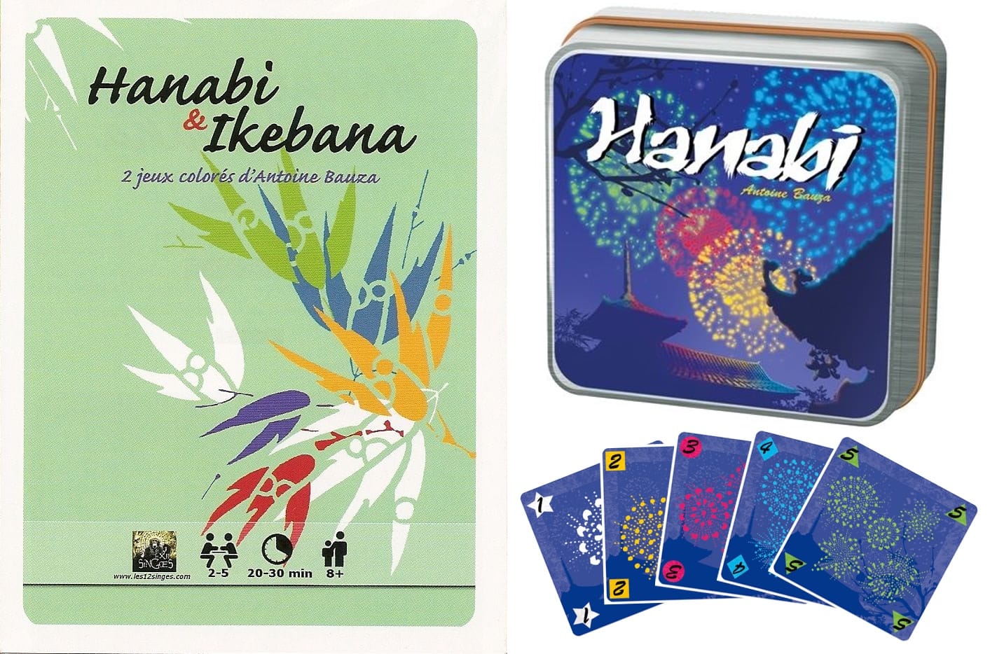 On the left: the rulebook for Hanabi & Ikebana; on the right: the cover of Cocktail's Hanabi and sample cards