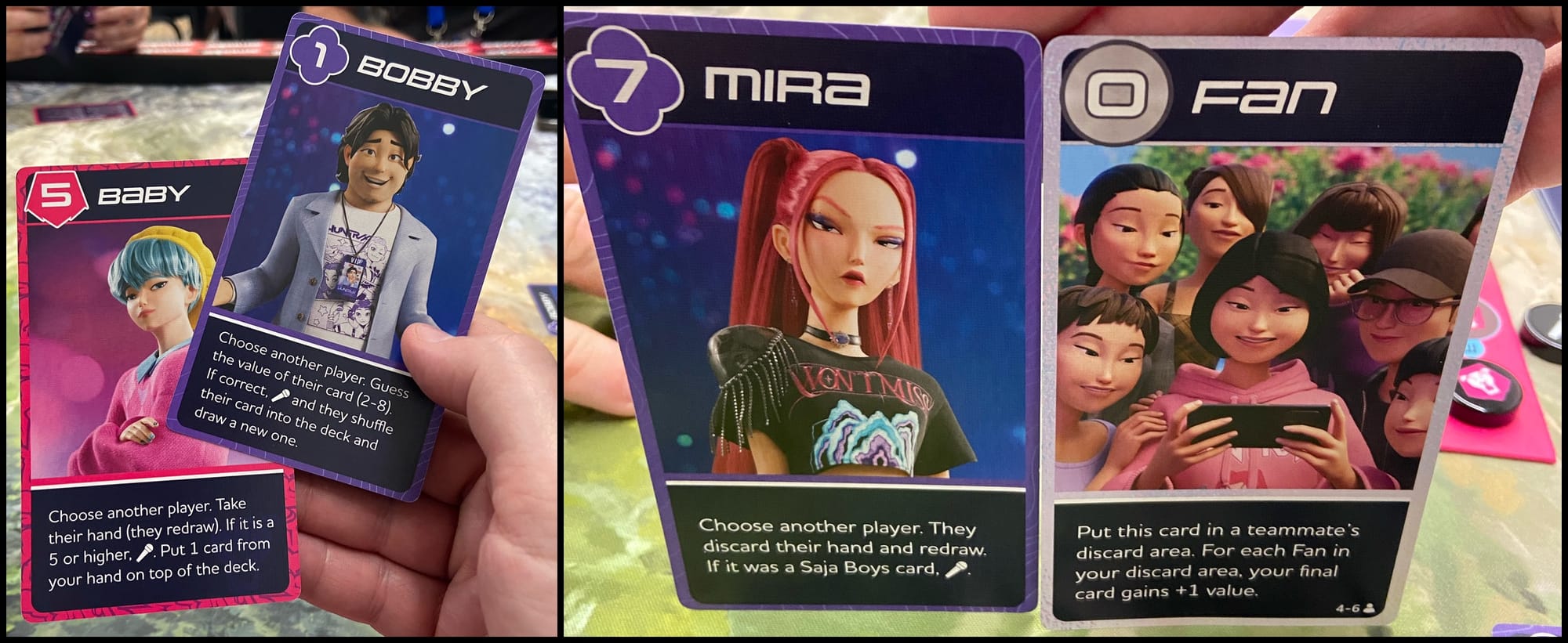 Sample cards from KPop Demon Hunters: Battle for the Spotlight, such as 7 - Mira, which has the effect "Choose another player. They discard their hand and redraw. If it was a Saja Boys card, [microphone]."