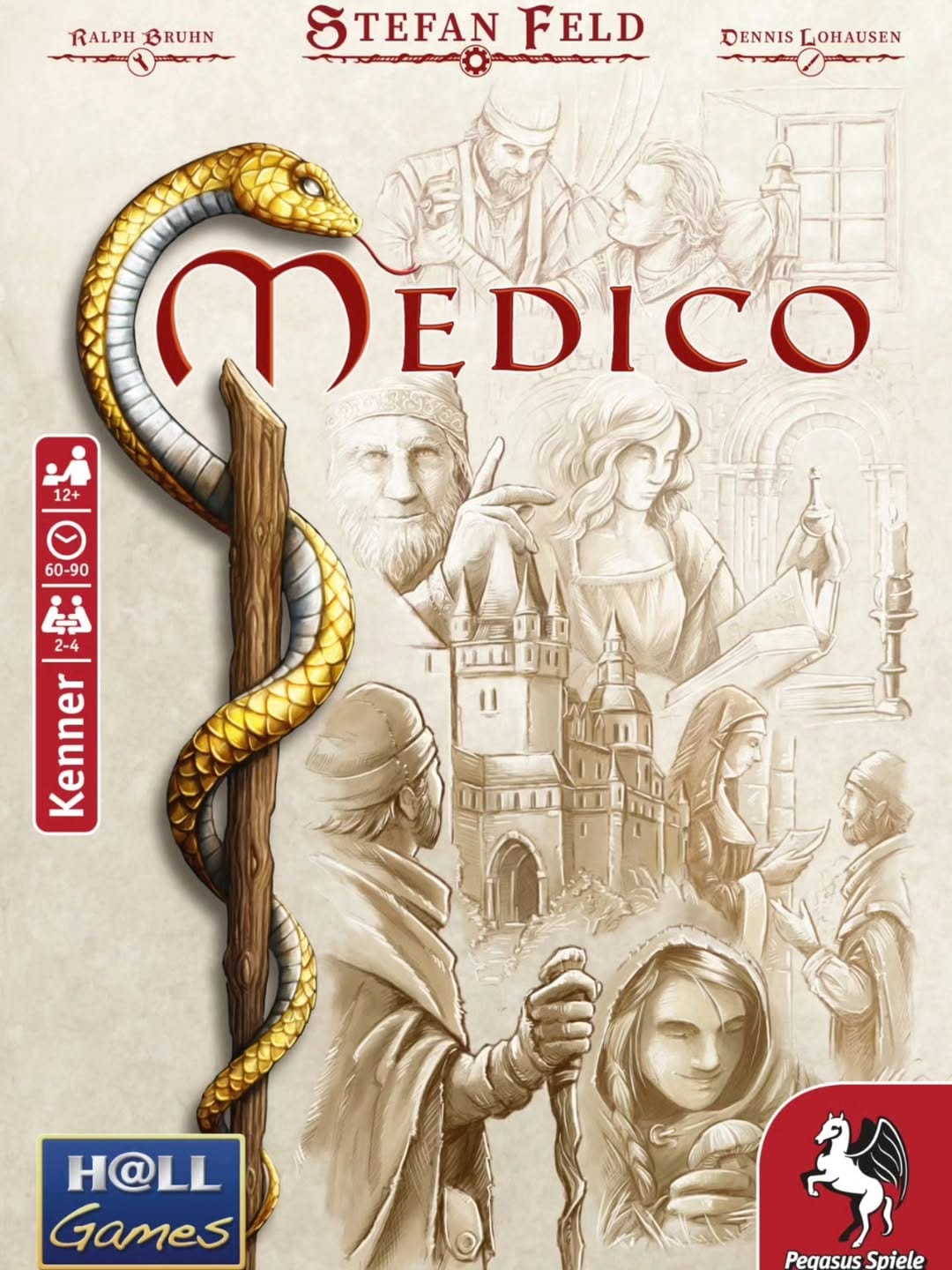 Front cover of Stefan Feld's Medico, which features a serpent on a staff and in the background pencil sketches of people