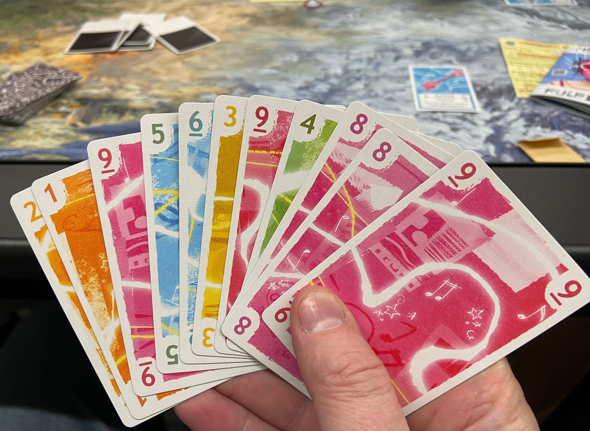 A hand of cards in this order: 2-1-9-5-6-3-9-4-8-8-9