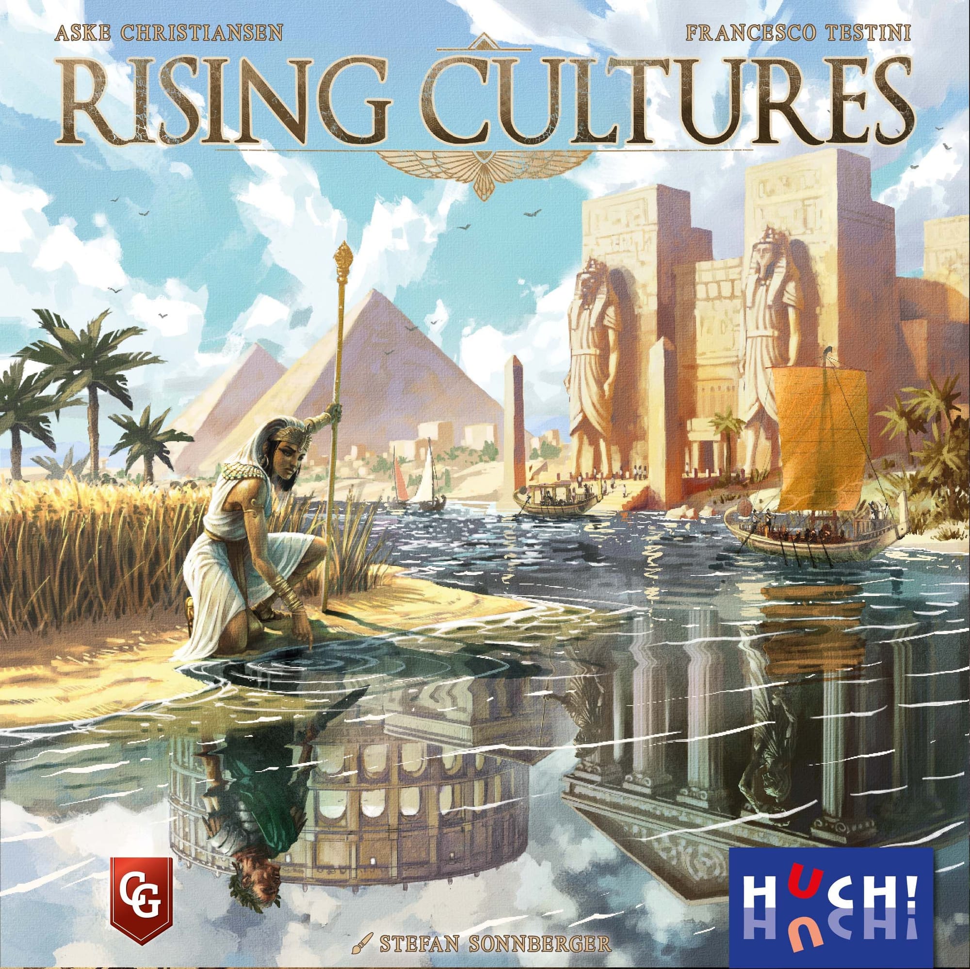 Front cover of Rising Cultures, which features an Egyptian setting with ships on the Nile and statues and pyramids in the background, with a Roman setting in the reflection on the water