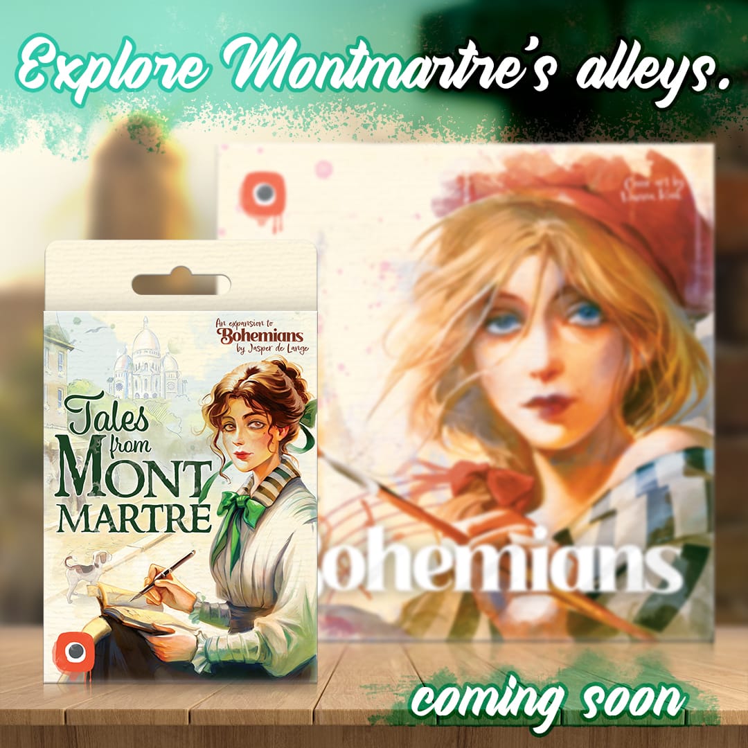 The cover of Bohemians: Tales From Montmartre stands in front of the Bohemians cover under the words "Explore Montmartre's alleys"