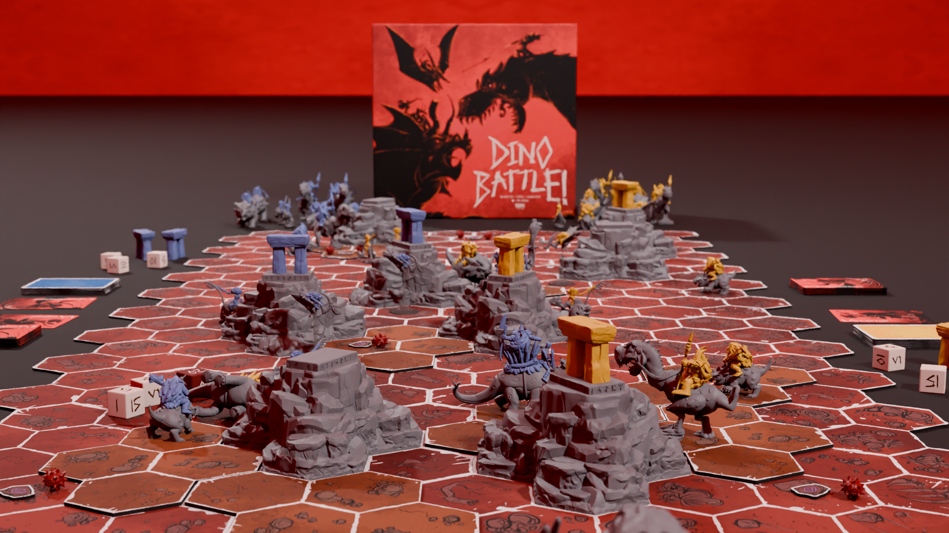 A large field of hexagonal tiles is covered with rock formations, glyphs, dinosaurs, and dinosaur riders.