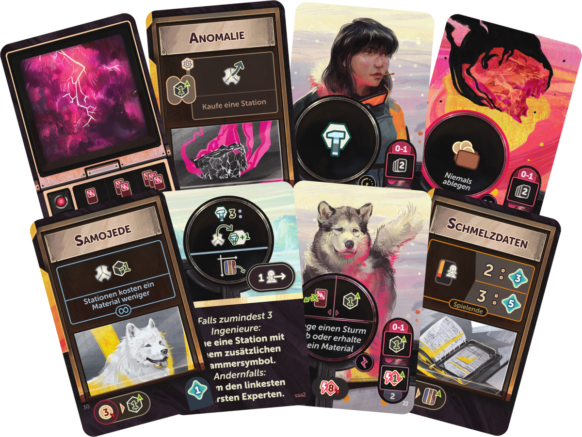 Eight cards are depicted with text in German; they show a human, dogs, meteors, research material, and possibly an event card