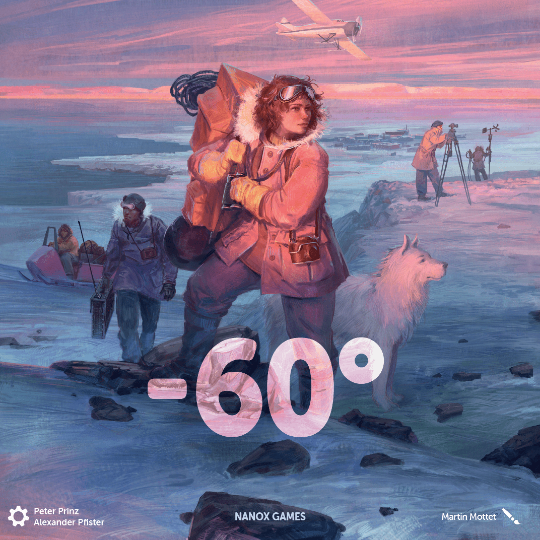 The full cover of -60º, which shows a handful of people and a white dog survey an icy landscape colored pink and blue, with most of the people being inadequately protected from the Antarctic cold.