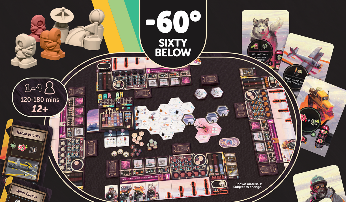 Aside from the 1-4 player count, the 120-180 minute playing time, and a suggest age of 12+, the back cover shows sample cards as well as four player boards around a central tableau of icy hexagons.
