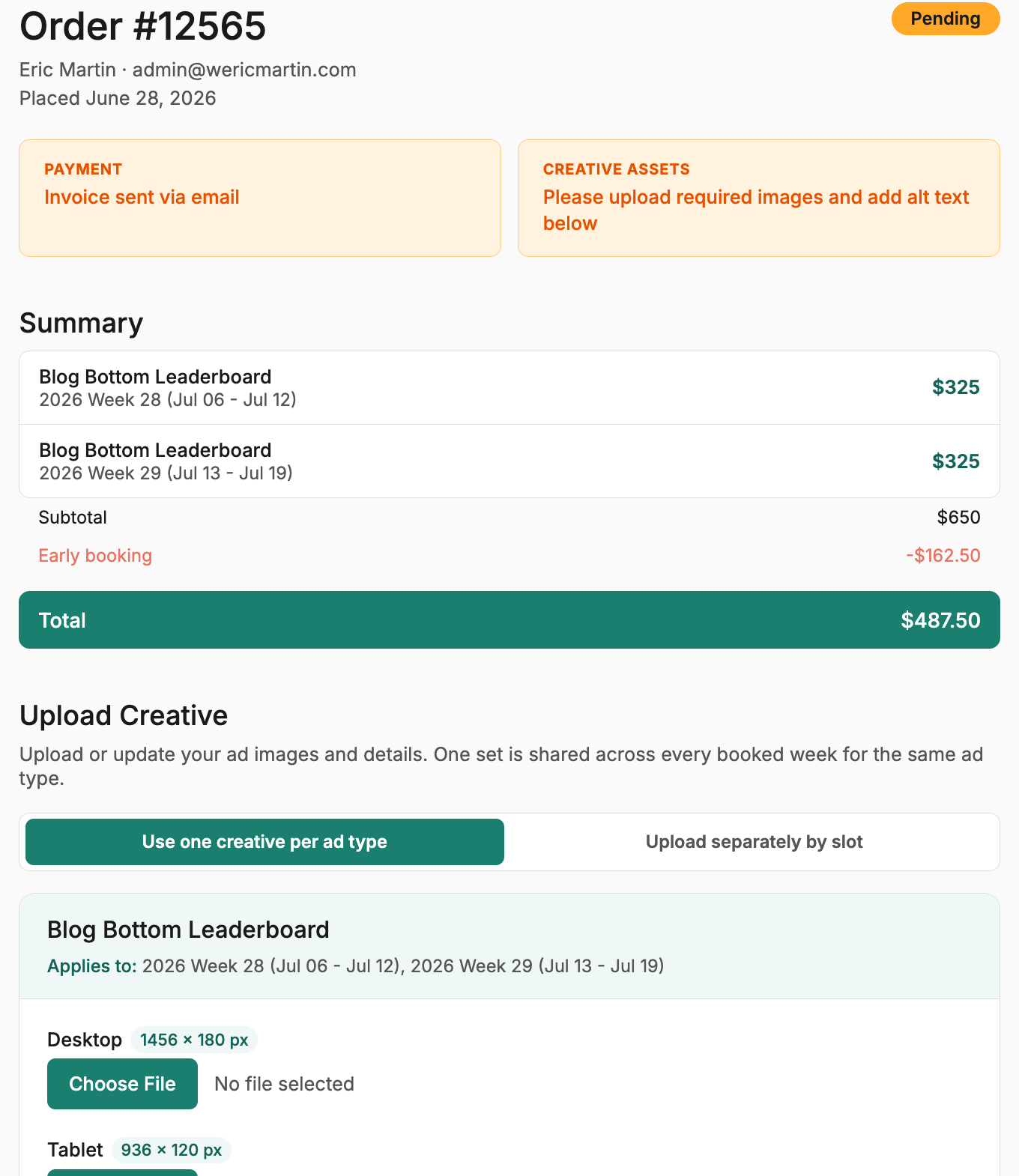 A receipt similar to before, detailing the ads purchased and the cost, along with a section devoted to uploading material.