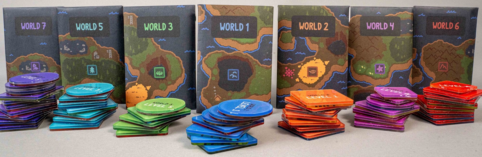 Seven world packages each have seven tokens in front of them.