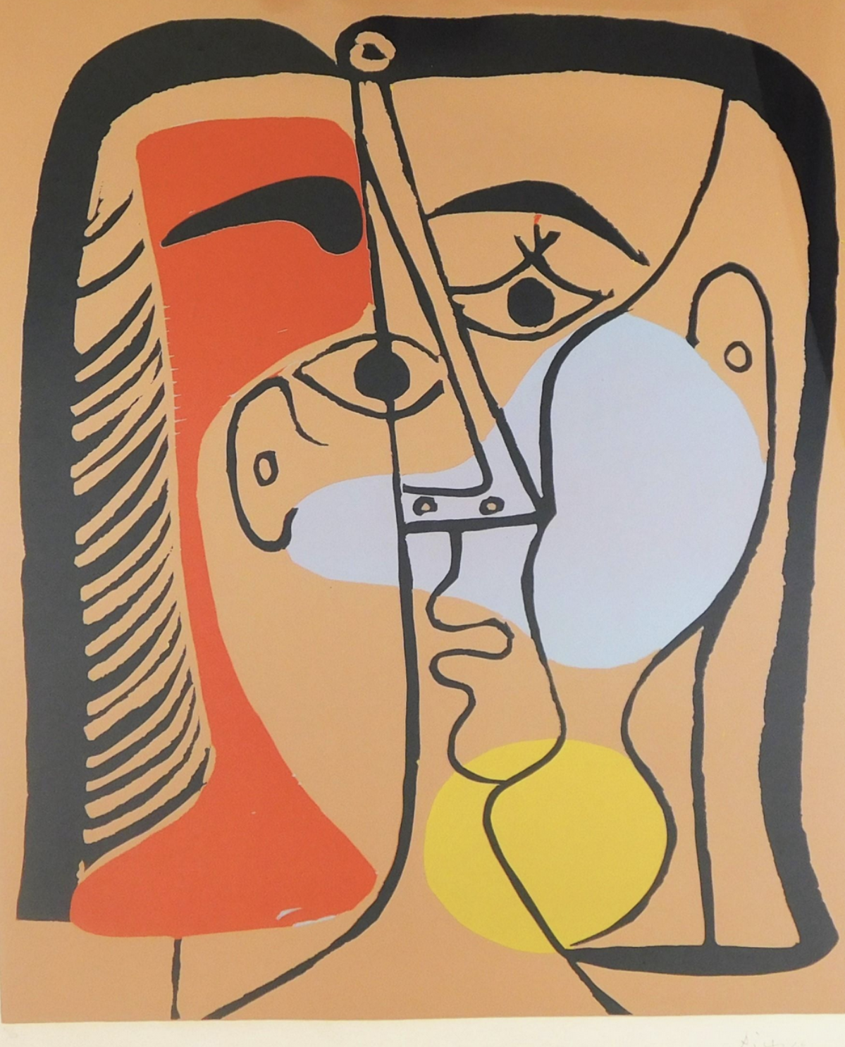 An abstract line drawing of a face with three patches of colors across parts of the face
