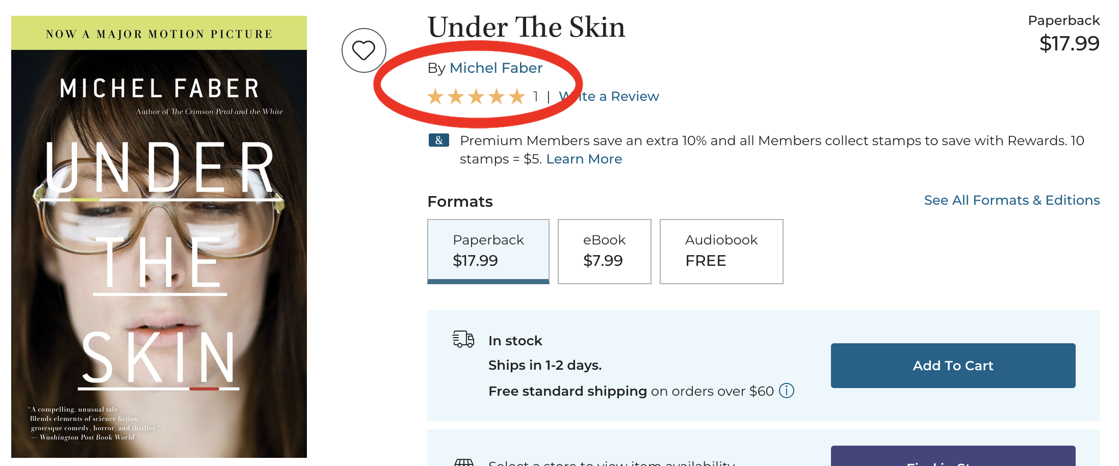 The Barnes & Noble listing for the book "Under the Skin", with the author's name circled
