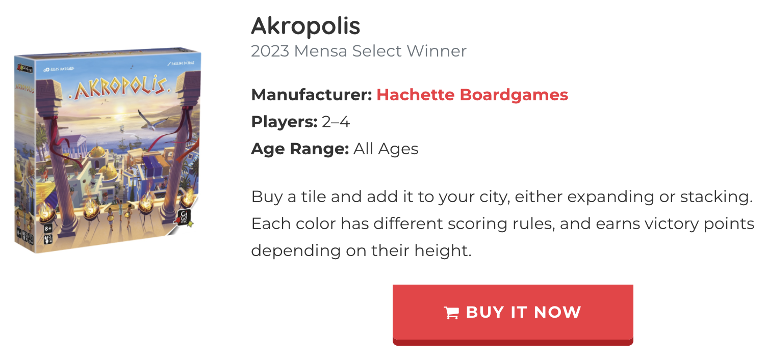 A screenshot of a 2023 Mensa Select Winner — Akropolis — from the Mensa Mind Games website