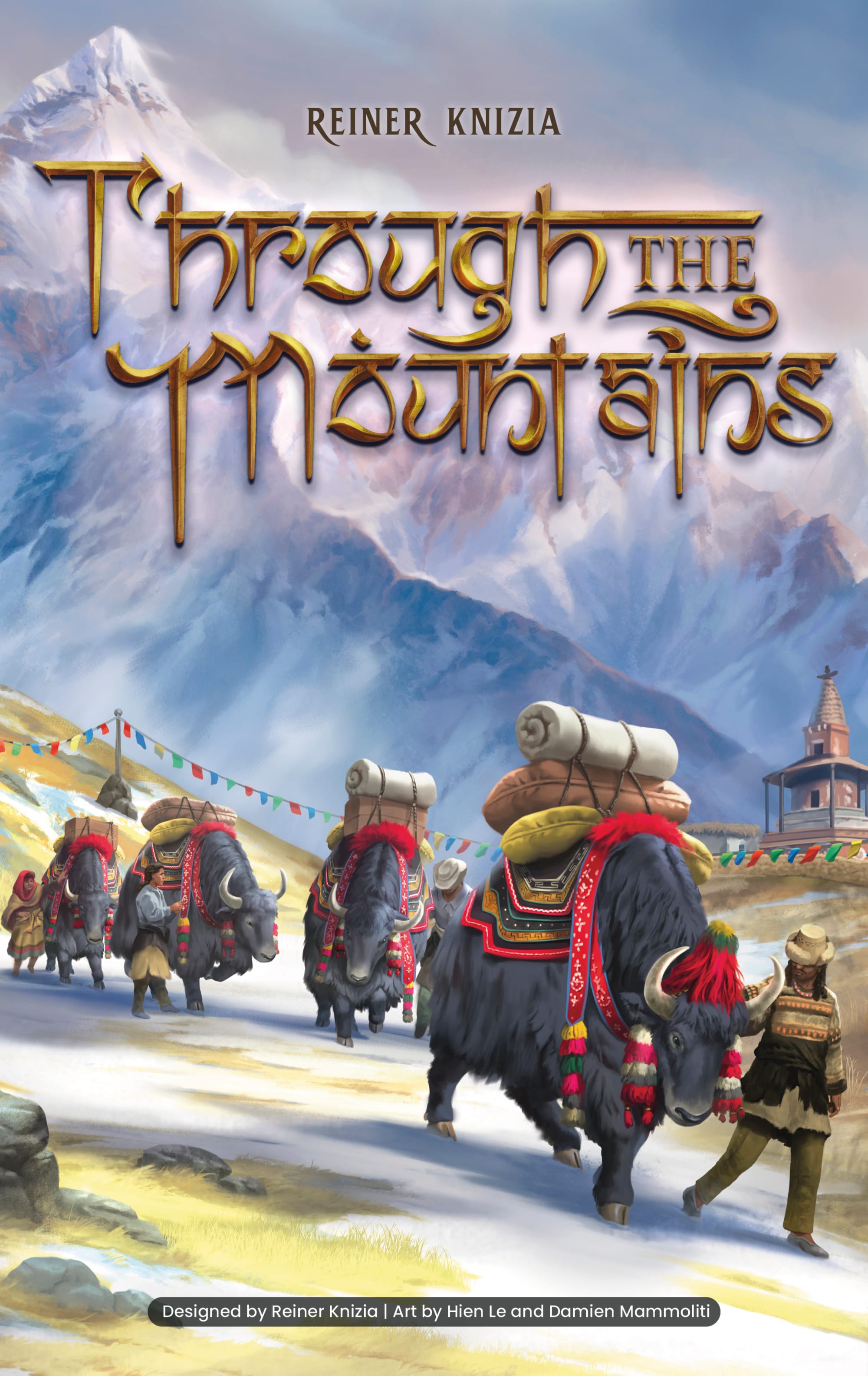 The front cover of Through the Mountains, which features yaks loaded with packs being led by sherpas.