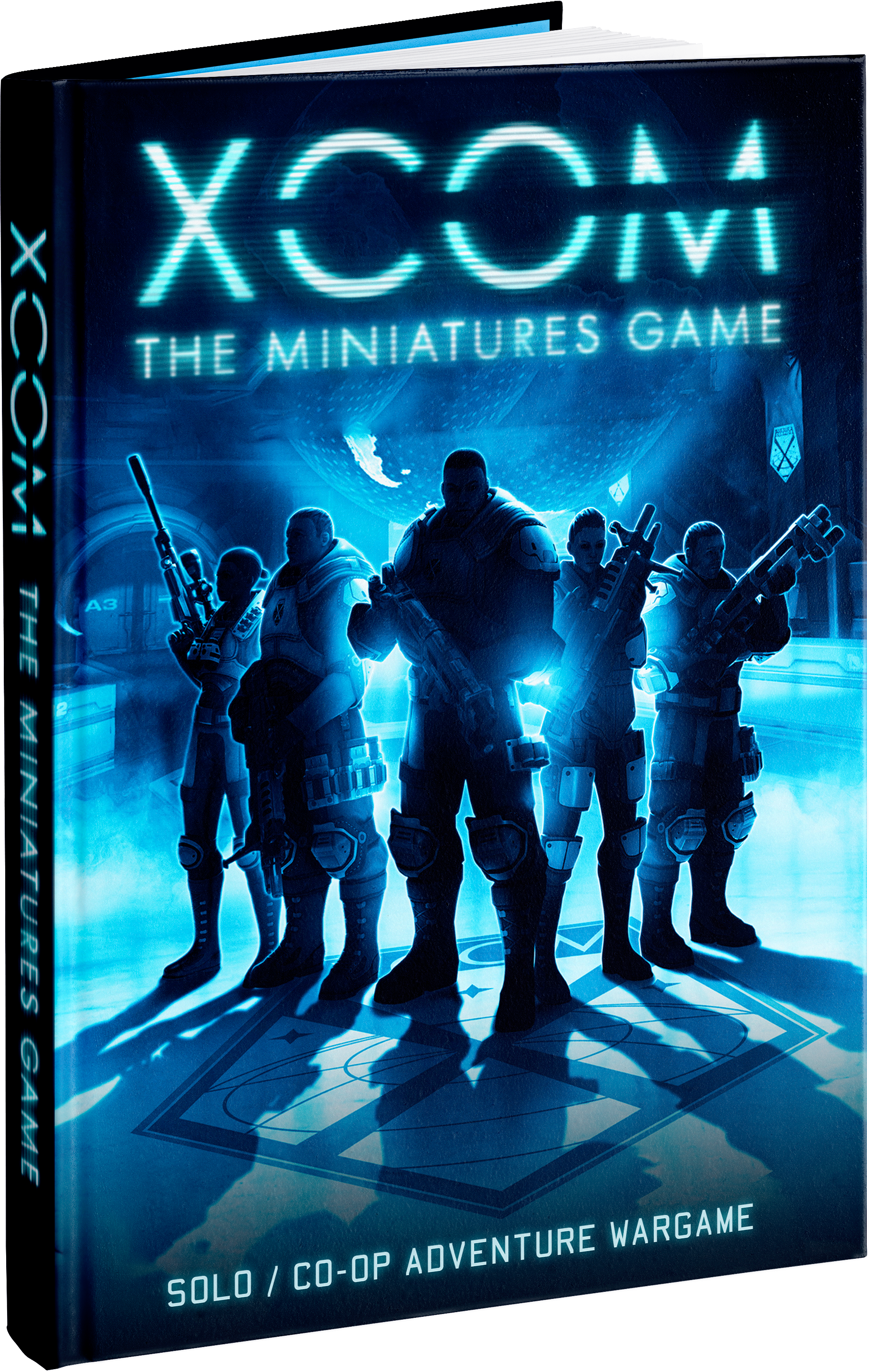 Front cover of XCOM: The Miniatures Game, which features five soldiers in silhouette against a strong blue light.