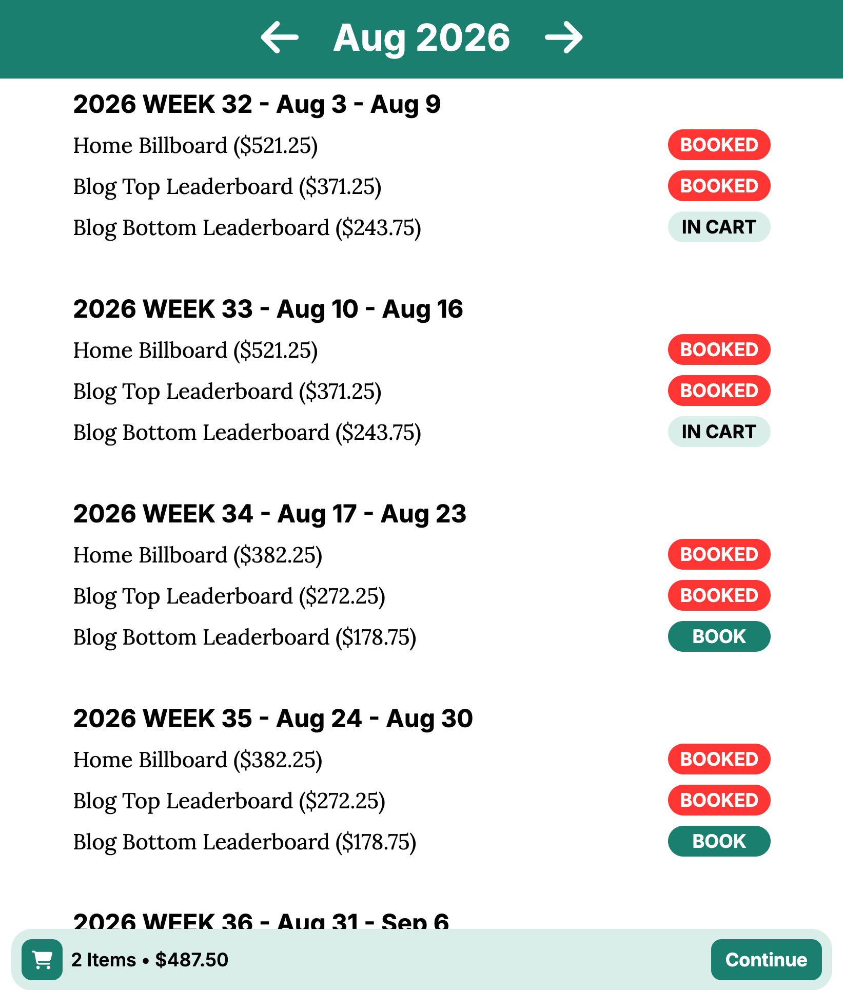 This image shows the ads available in August 2026, with several of them being BOOKED and two being IN CART, with a total for these ads shown at the bottom of the image.