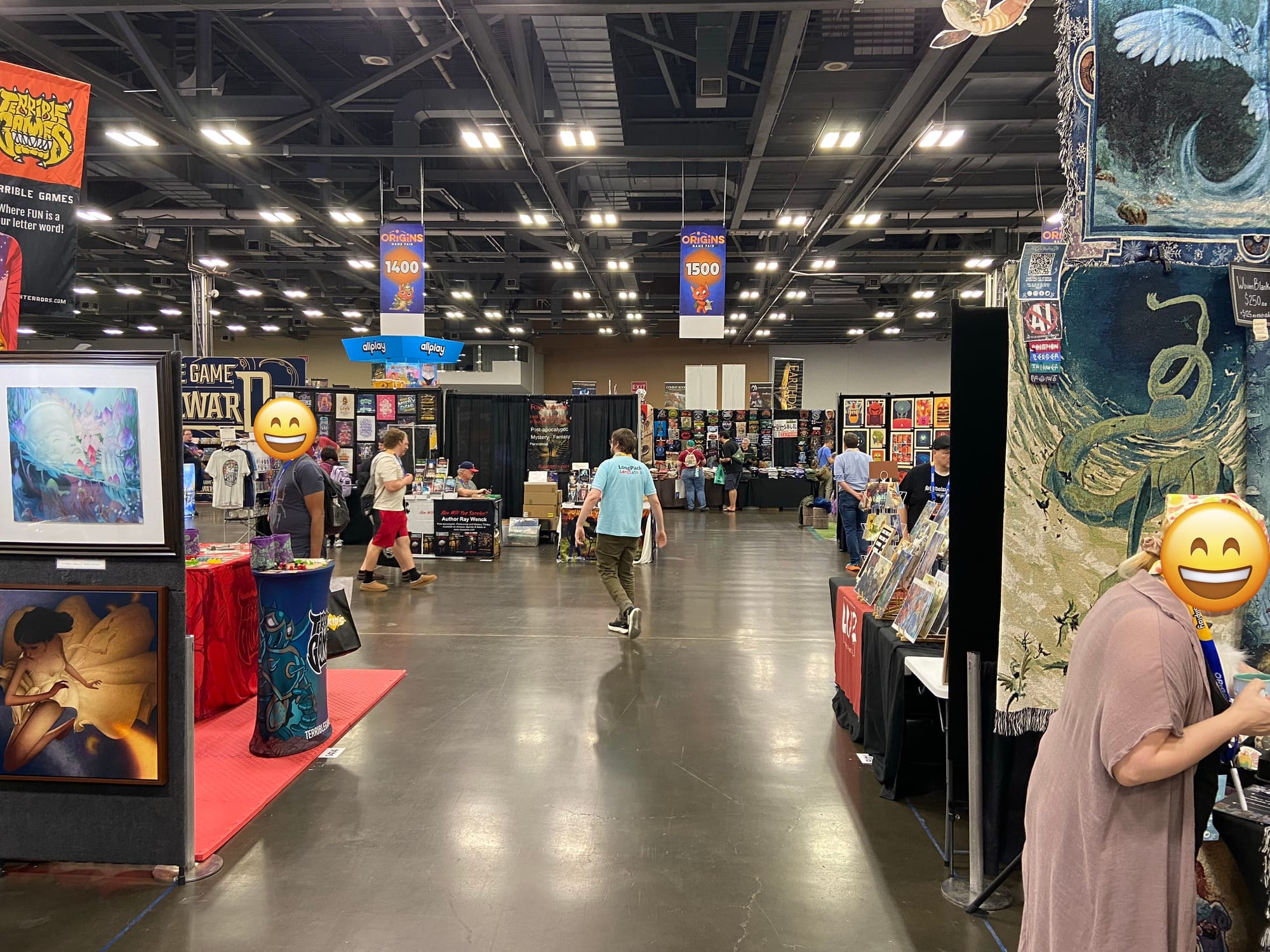 A view of the 1500 vertical aisle at Origins Game Fair 2026, which is blocked by a booth across it