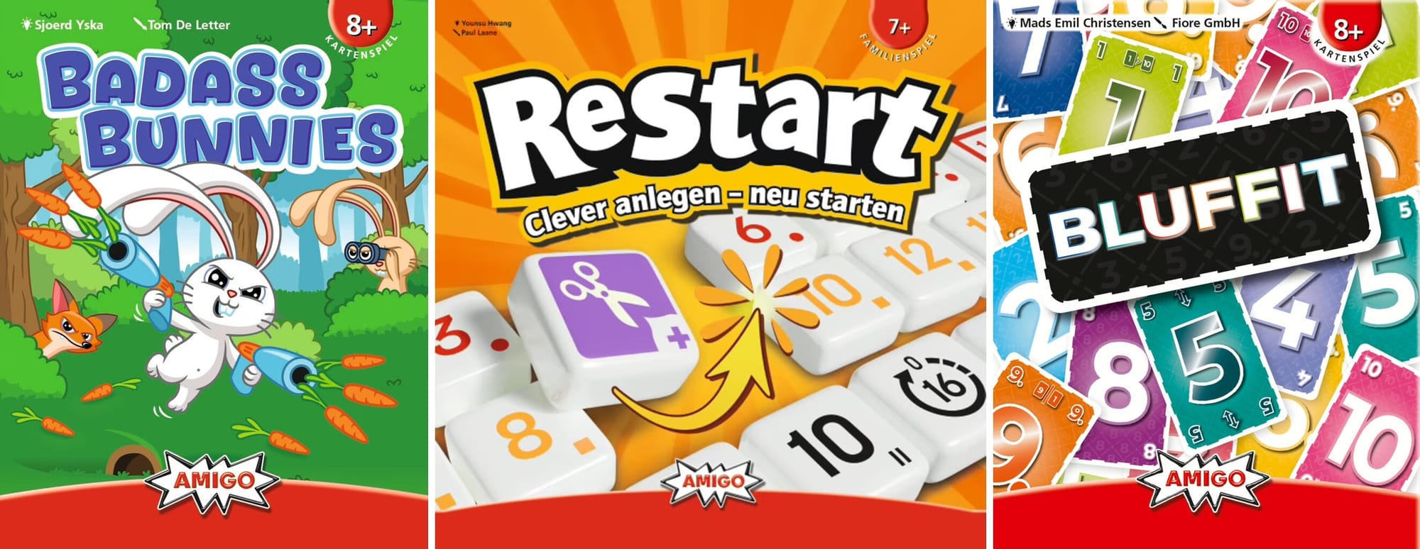 Front covers of Badass Bunnies (showing a bunny shooting carrot guns), Restart (showing numbered tiles), and BLUFFIT (showing numbered cards)