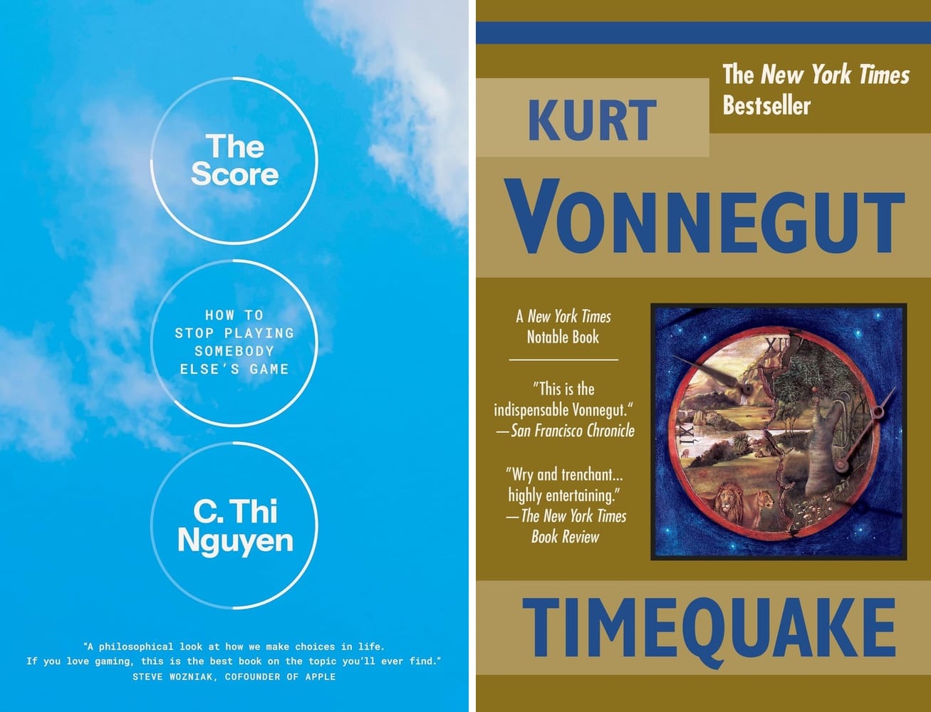 Front covers to the books The Score and Timequake