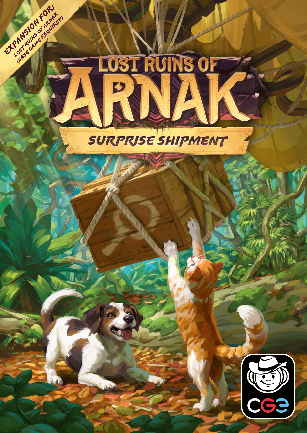 Under the text "Lost Ruins of Arnak: Surprise Shipment" is a wooden crate attached to a hot air balloon by a rope net, with a puppy and kitten on the ground under the crate.
