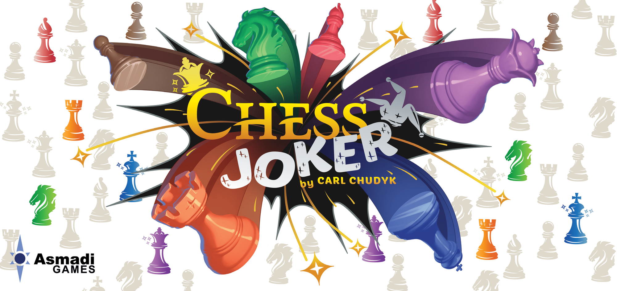 Front cover of Chess Joker, which features chess pieces in a rainbow of colors bursting out from behind the game logo, with tiny chess pieces wallpapering the background.