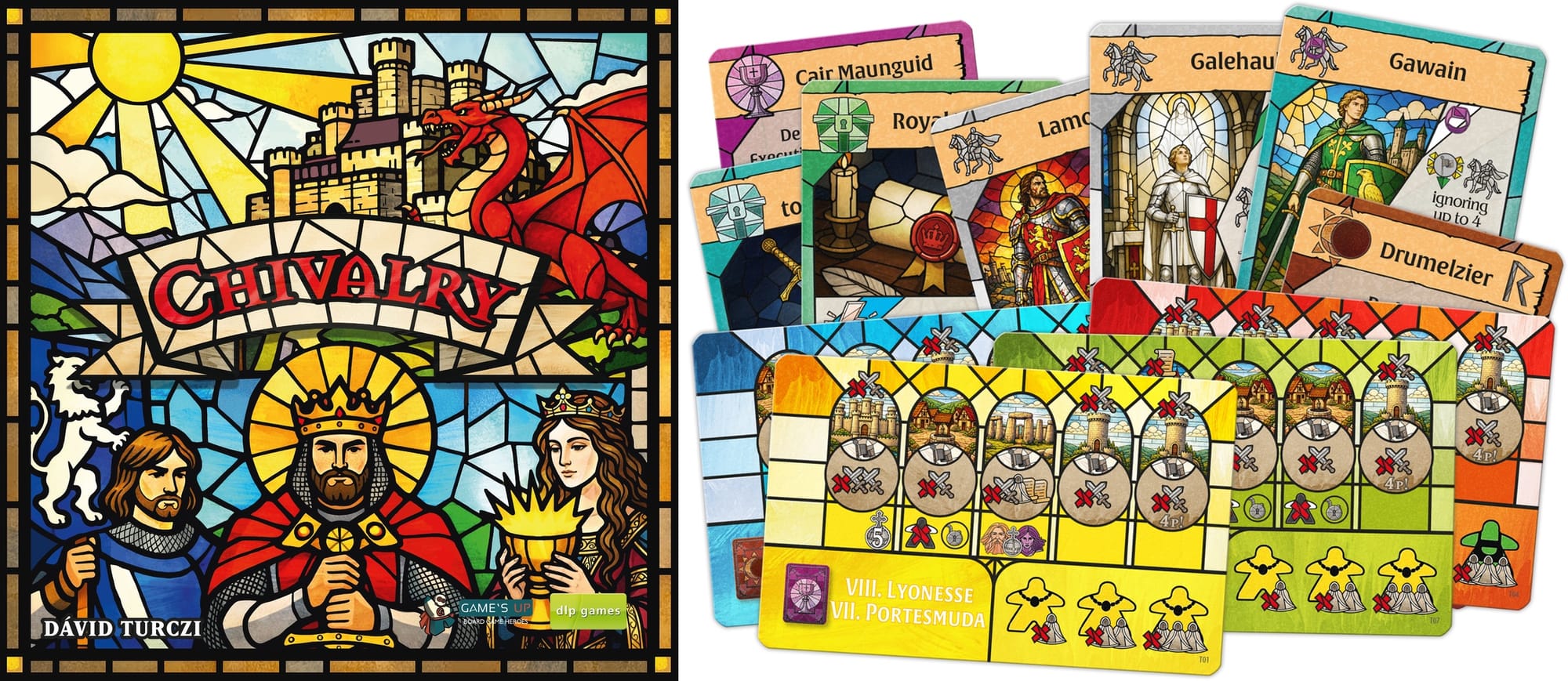 The front cover of the game Chivalry features a stained glass dragon, king, knight, and queen; next to this are sample cards from the game, depicting regions and characters.