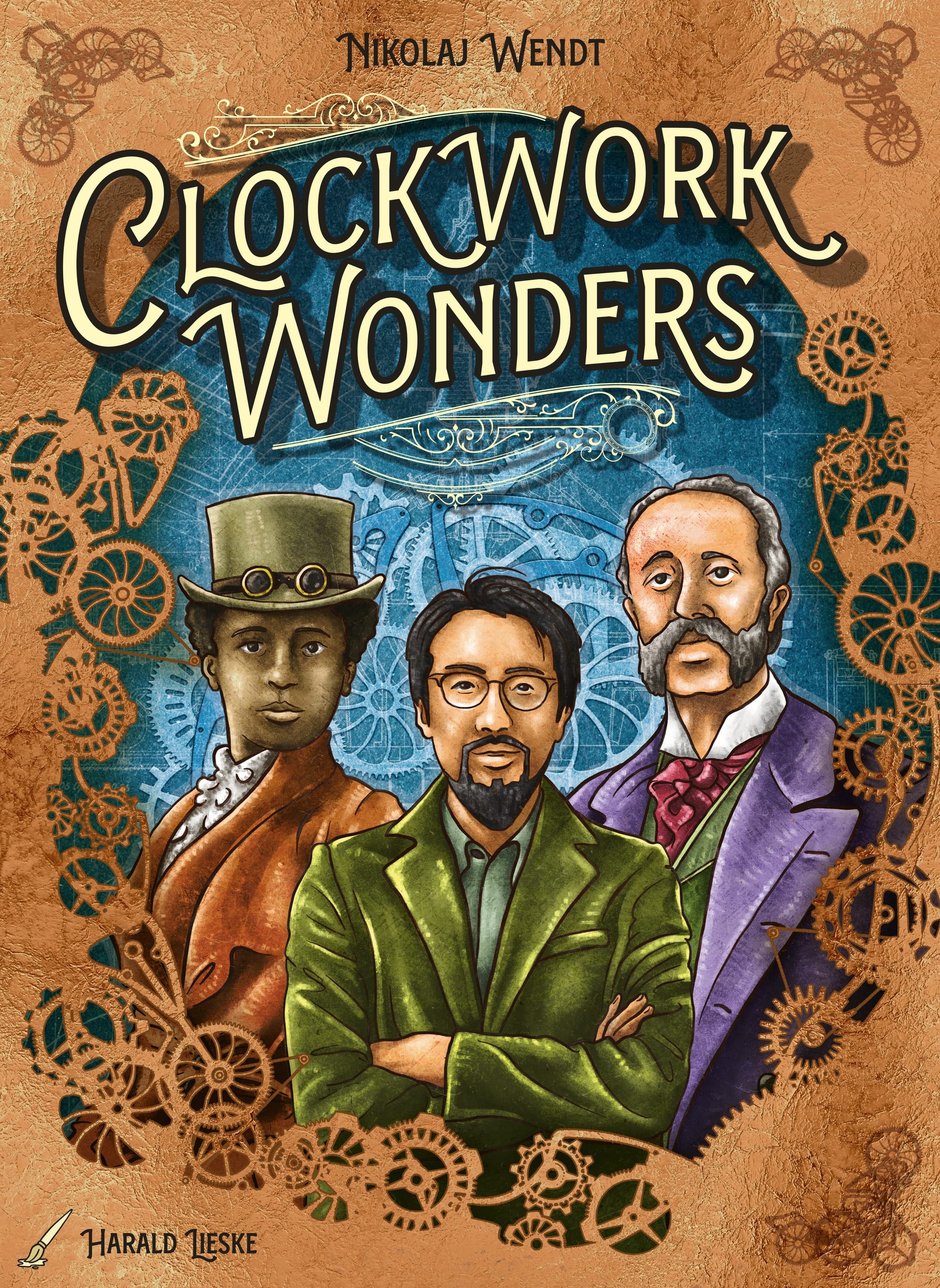 Under the "Clockwork Wonders" logo, three people in 1900s-ish clothing stare at the viewer within a border formed by golden gears