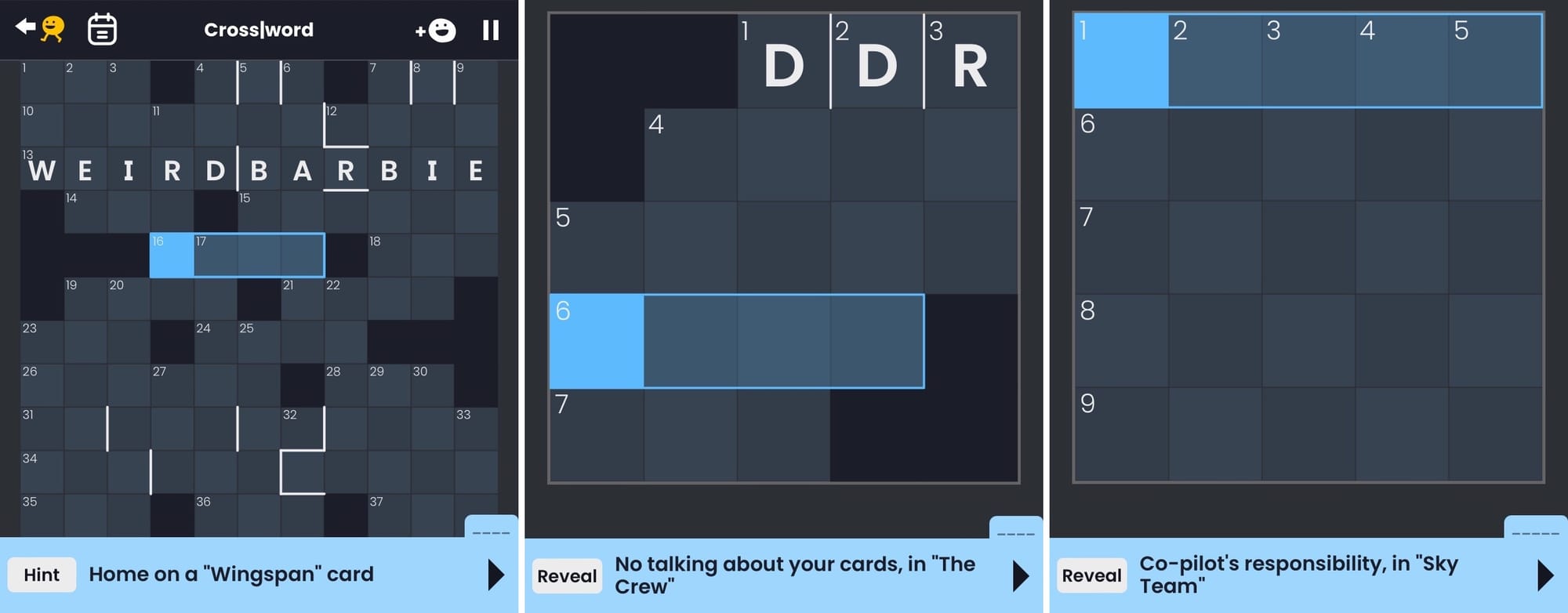 Three crossword clues: "Home on a Wingspan card", "No talking about your cards in The Crew", and "Co-pilot's responsibility in Sky Team"