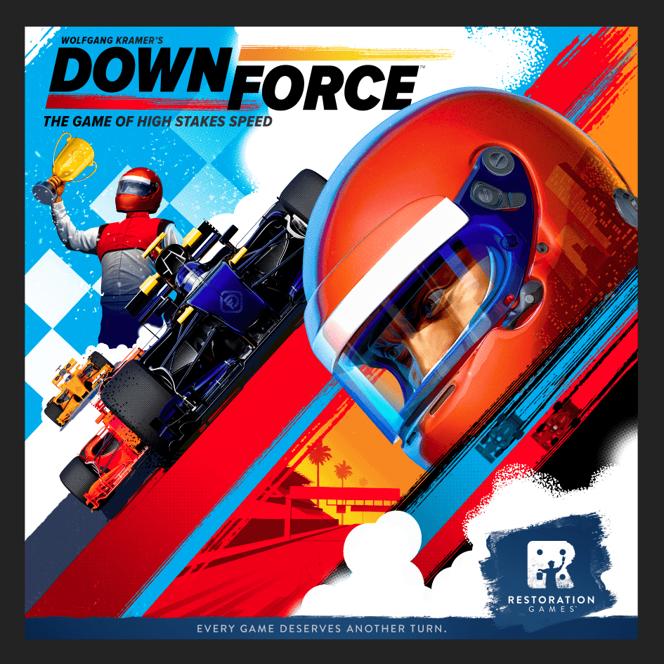 The front cover of Downforce, which features the helmeted head of a race car driver and said race car in the background.