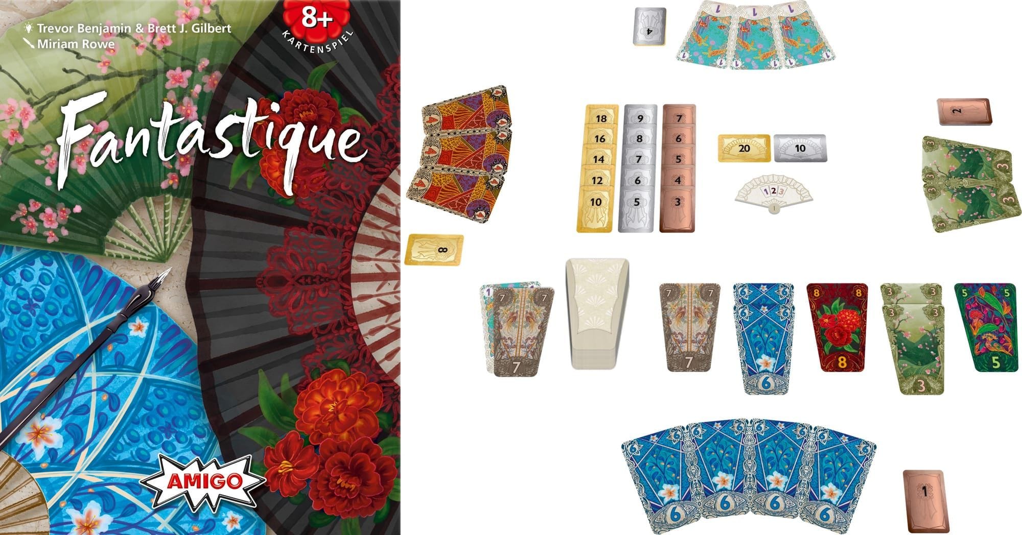 Front cover of Fantastique and a gameplay example, which shows the set of cards played by each person, the cards to be drafted, and how only your most recently claimed medal is visible