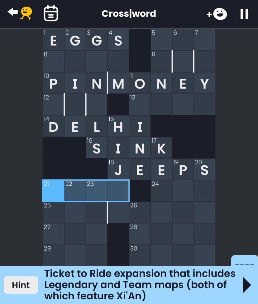 Crossword puzzle with clue: "Ticket to Ride expansion that includes Legendary and Team maps (both of which feature Xi'An"