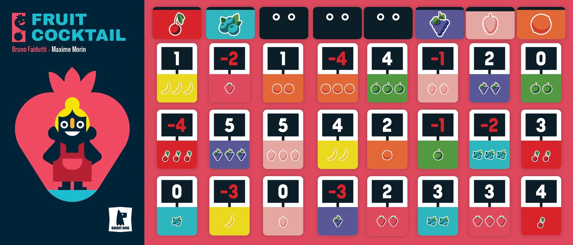 Fruit Cocktail box cover beside the game setup, with fruit tokens placed above rows of cards.