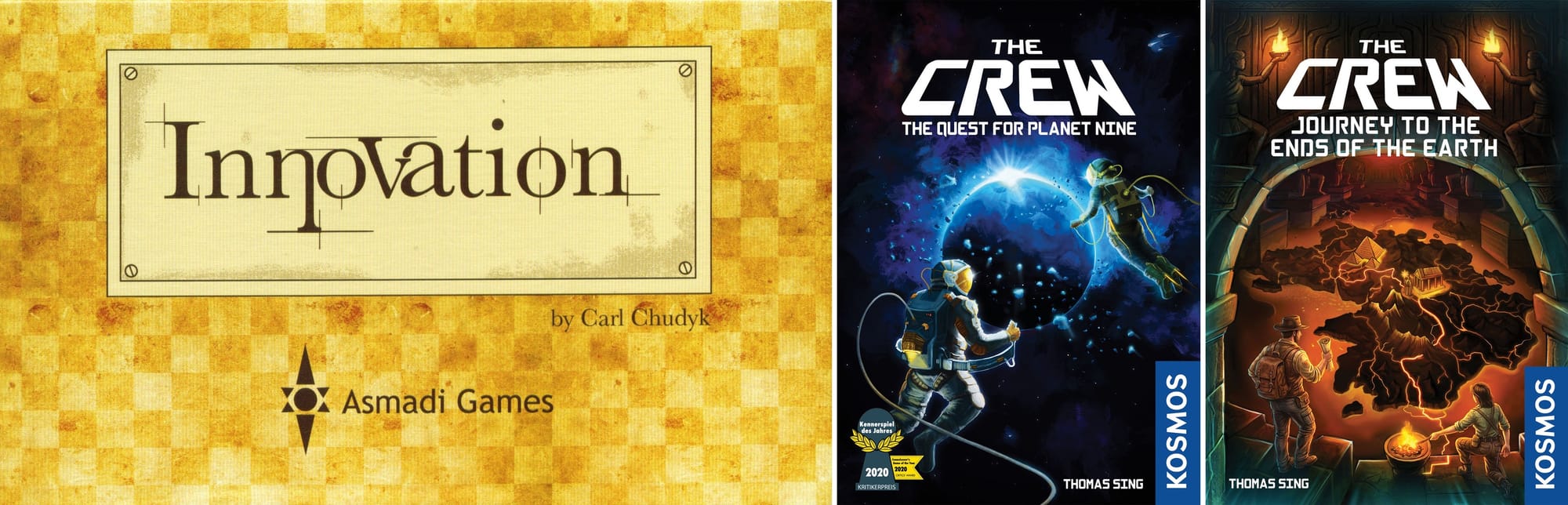 Front covers of Innovation, The Crew: The Quest for Planet Nine, and The Crew: Journey to the Ends of the Earth