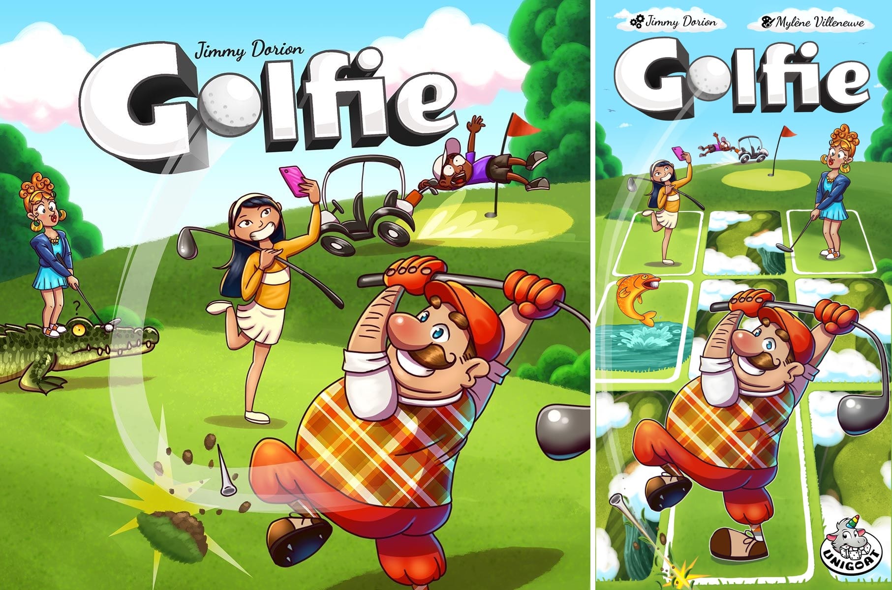 Both covers feature a man swinging wildly at a golf ball, while other characters act in similarly goofy ways in the background.