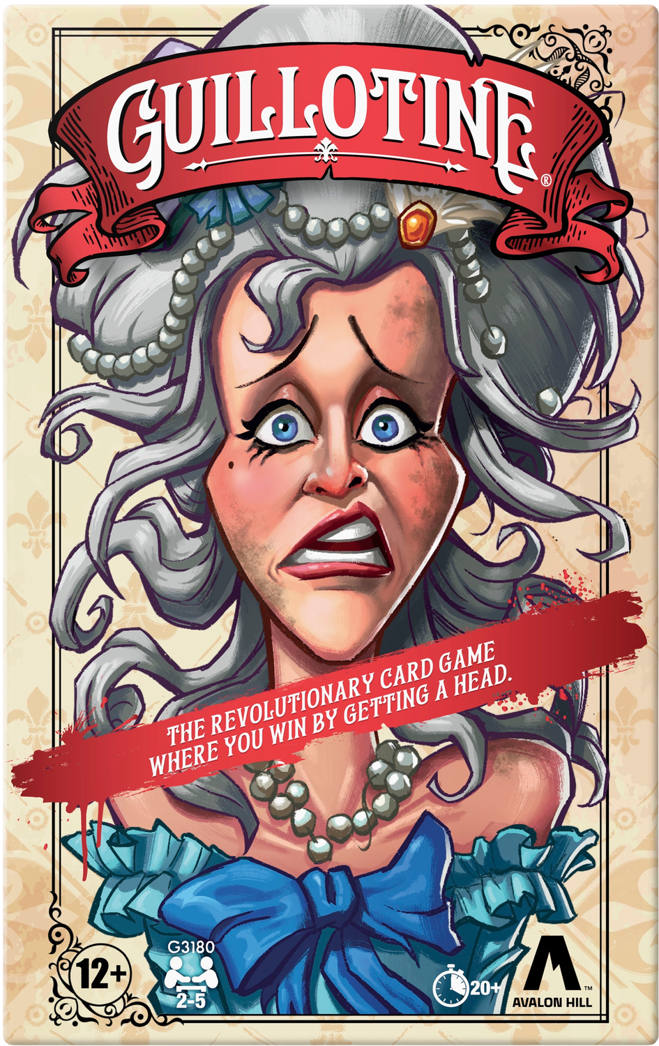 The front cover of the game Guillotine, which features a distraught French noble.