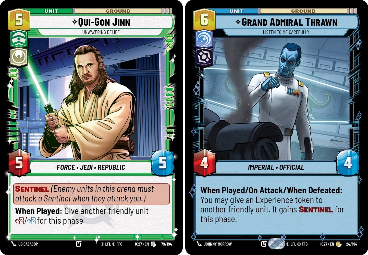 Cards show Qui-Gon Jinn and Grand Admiral Thrawn
