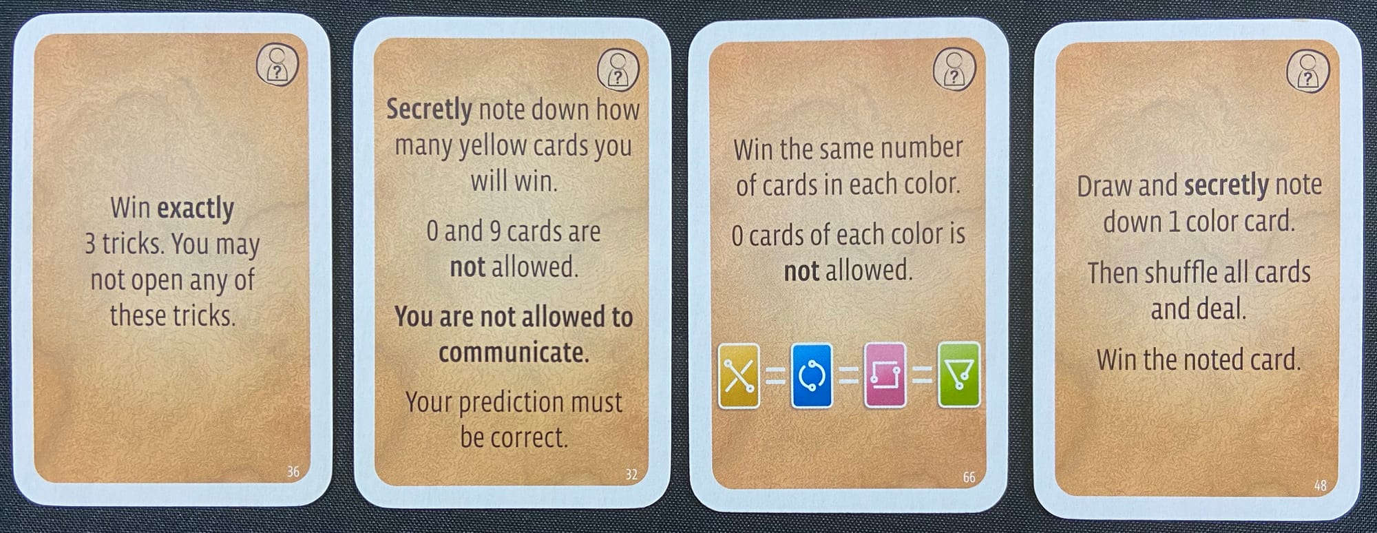 The front of four individual task cards