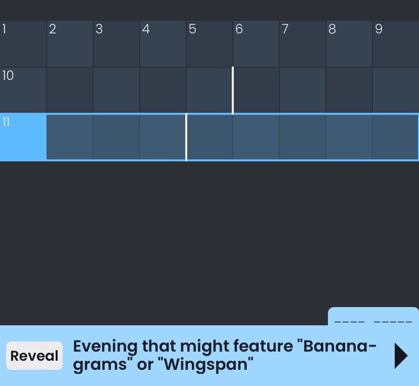 Crossword featuring the clue: "Evening that might feature Bananagrams or Wingspan"