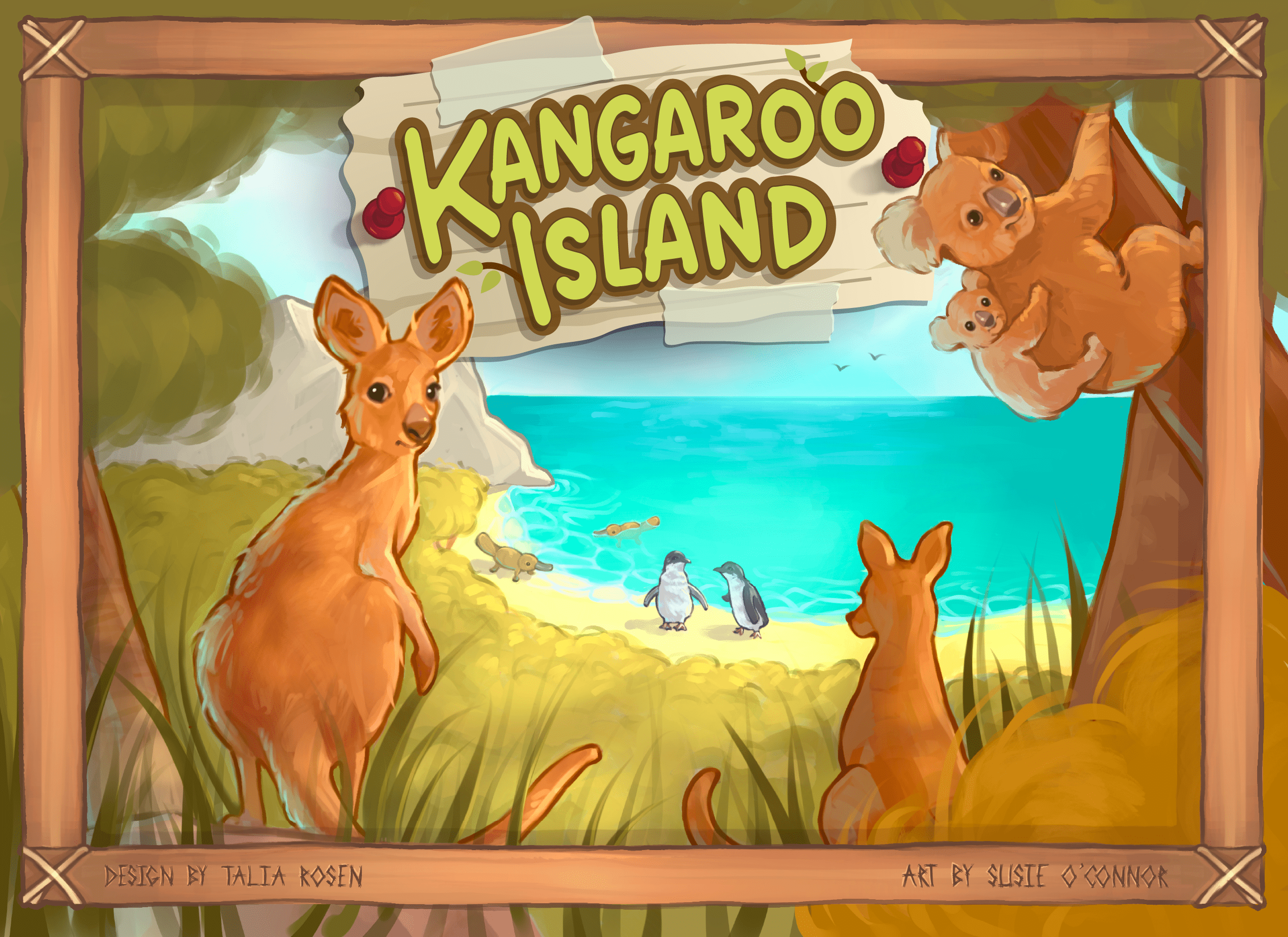 Front cover of Kangaroo Island, which features four pairs of animals: koalas, platypuses, penguins, and the titular kangaroos, one of whom stares at the viewer in an ambiguous way.