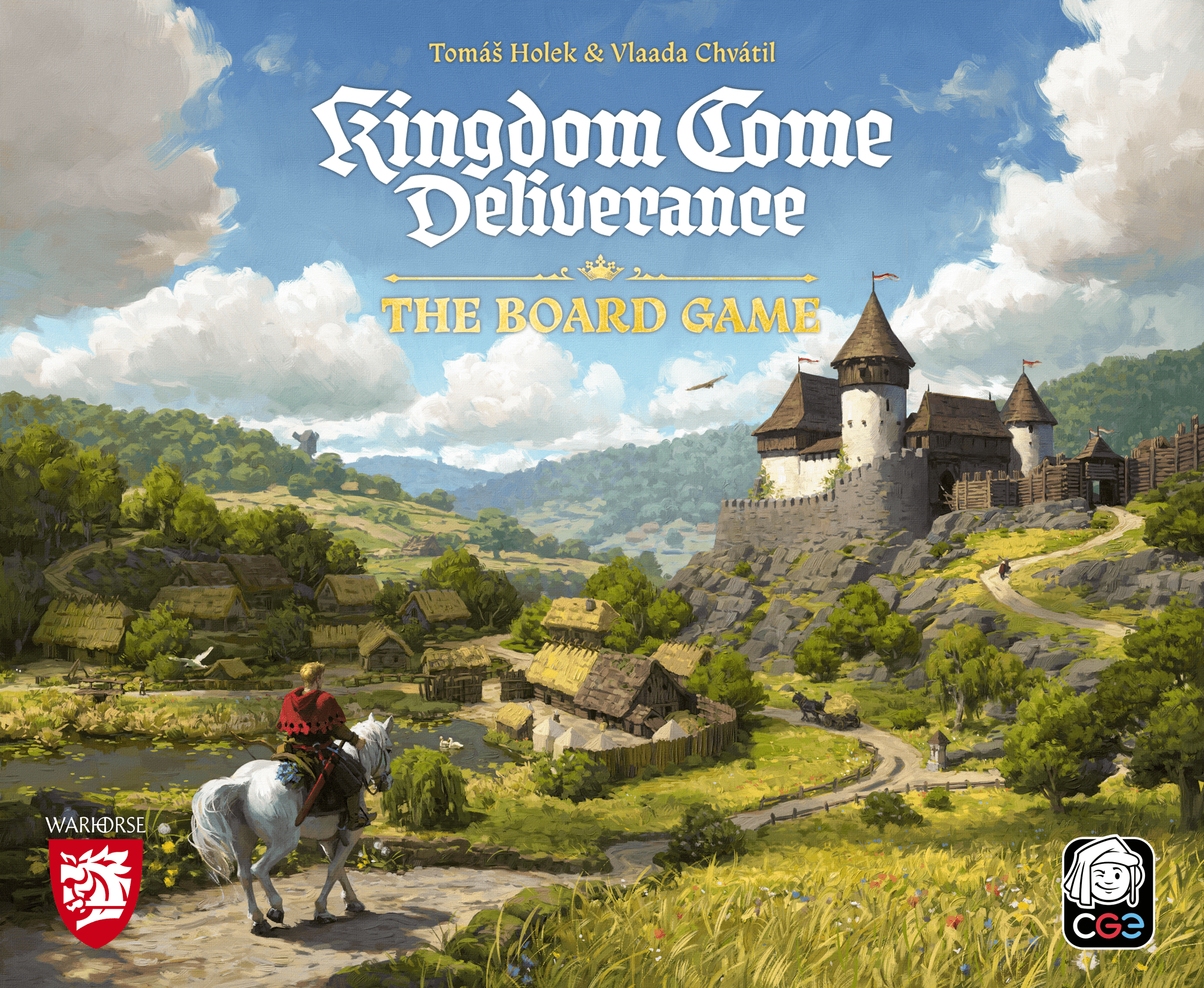 Front cover of Kingdom Come: Deliverance – The Board Game, which shows a person on a horse moving along a path with a castle of sorts in the background