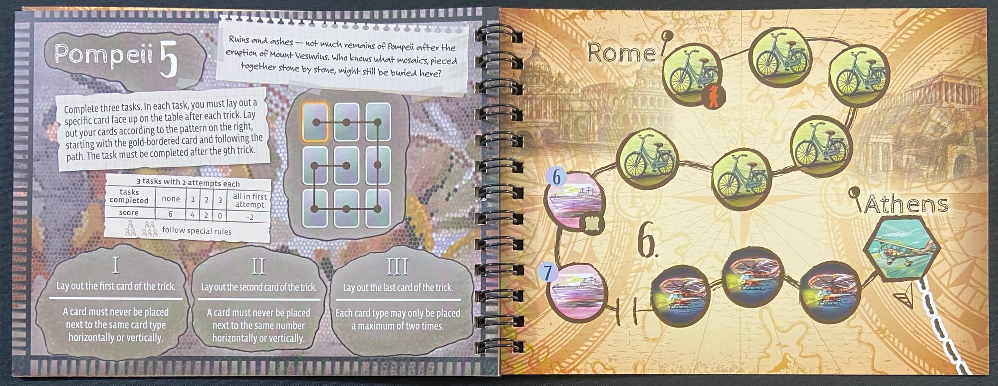 The left page of the logbook features a special series of three tasks, while the right side features a path of circles from Rome to Athens.