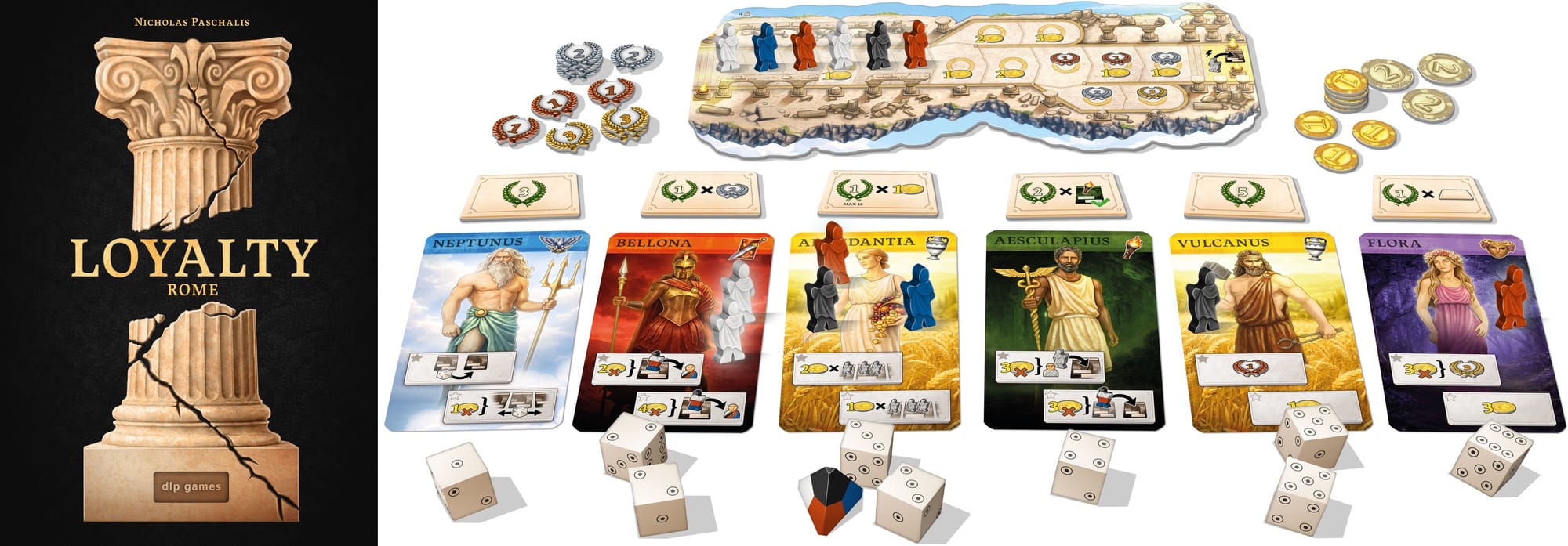 The front cover of Loyalty: Rome shows a broken ionic column on a black background; this sits next to six god cards, each with a favor tile above it, along with a temple track that bears an assortment of messengers.