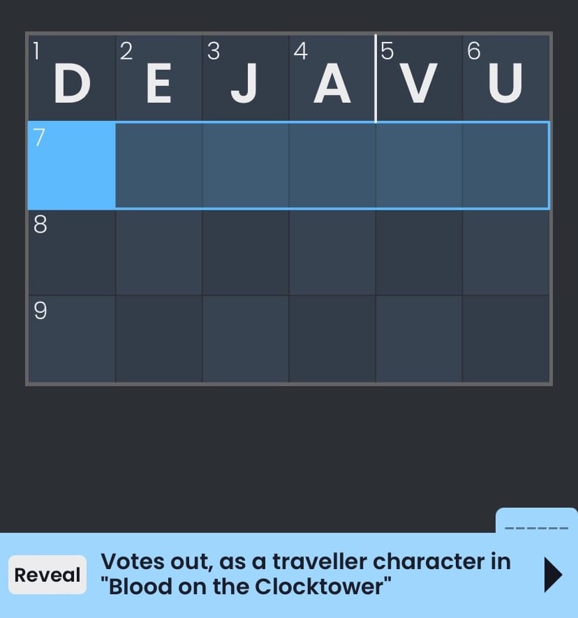 Crossword featuring the clue: "Votes out, as a traveller character in Blood on the Clocktower"