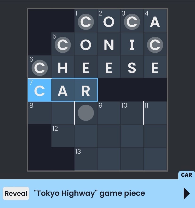Crossword with the clue: "Tokyo Highway game piece"