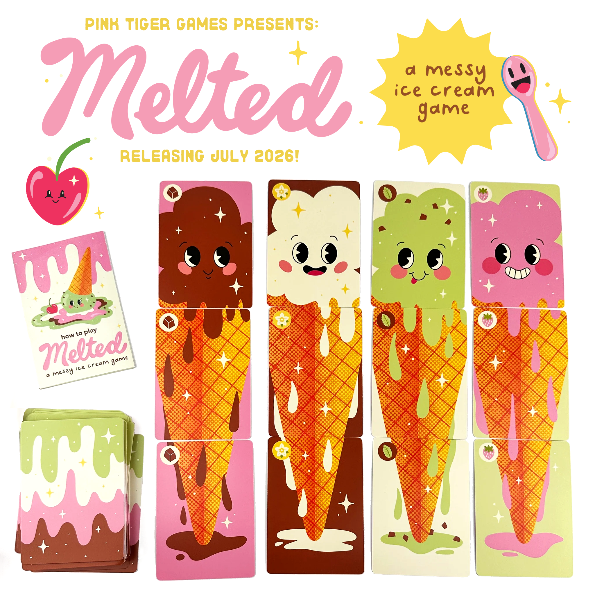Promotional flyer for Melted showing four ice cream cones assembled from colorful top, middle, and bottom cards.