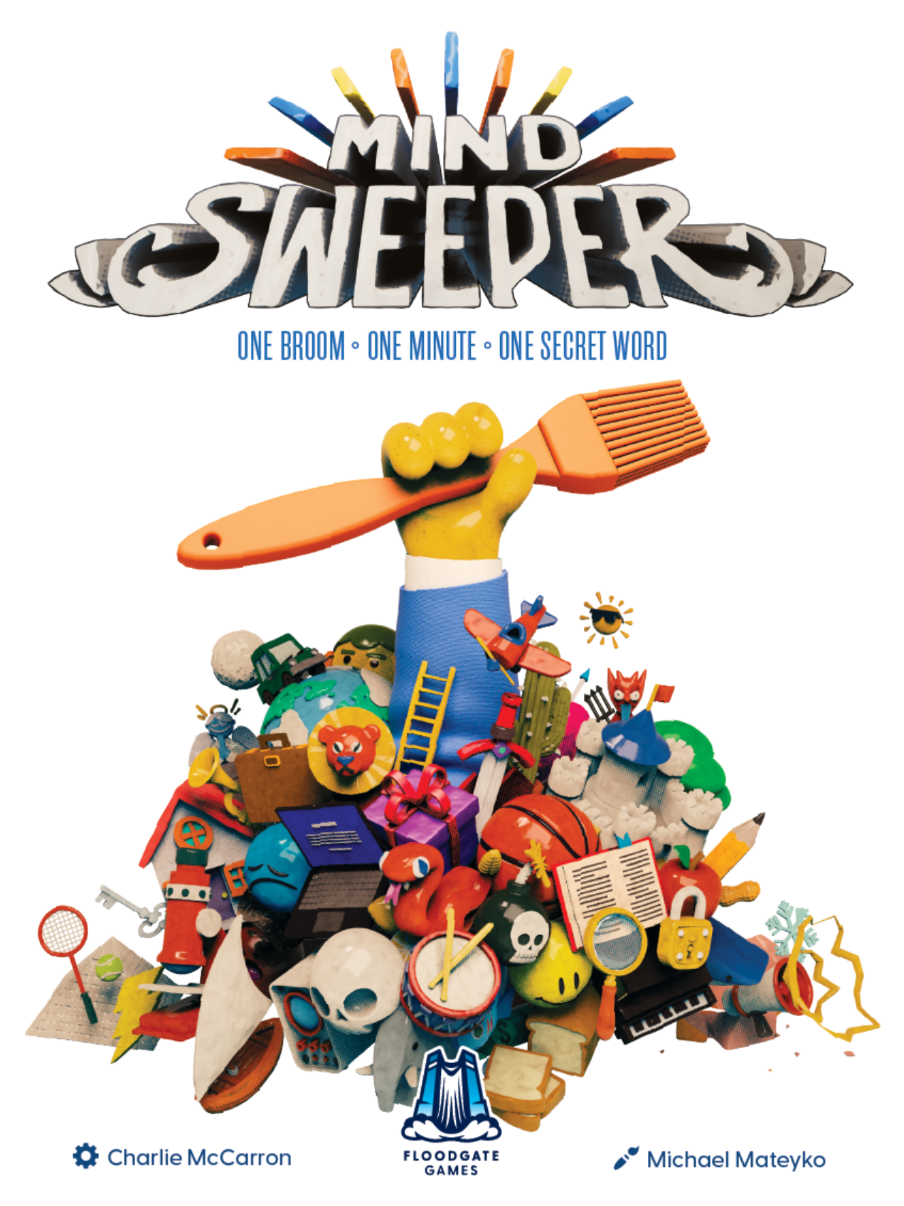 Front cover of Mind Sweeper, showing a hand holding a broom, with the arm poking through a massive pile of random objects