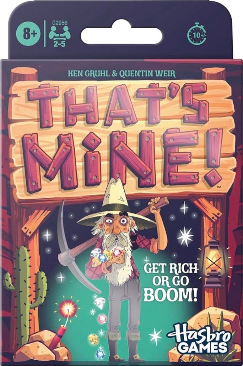 The front cover of That's Mine!, which shows an old miner with a long white beard holding a pick and gems.