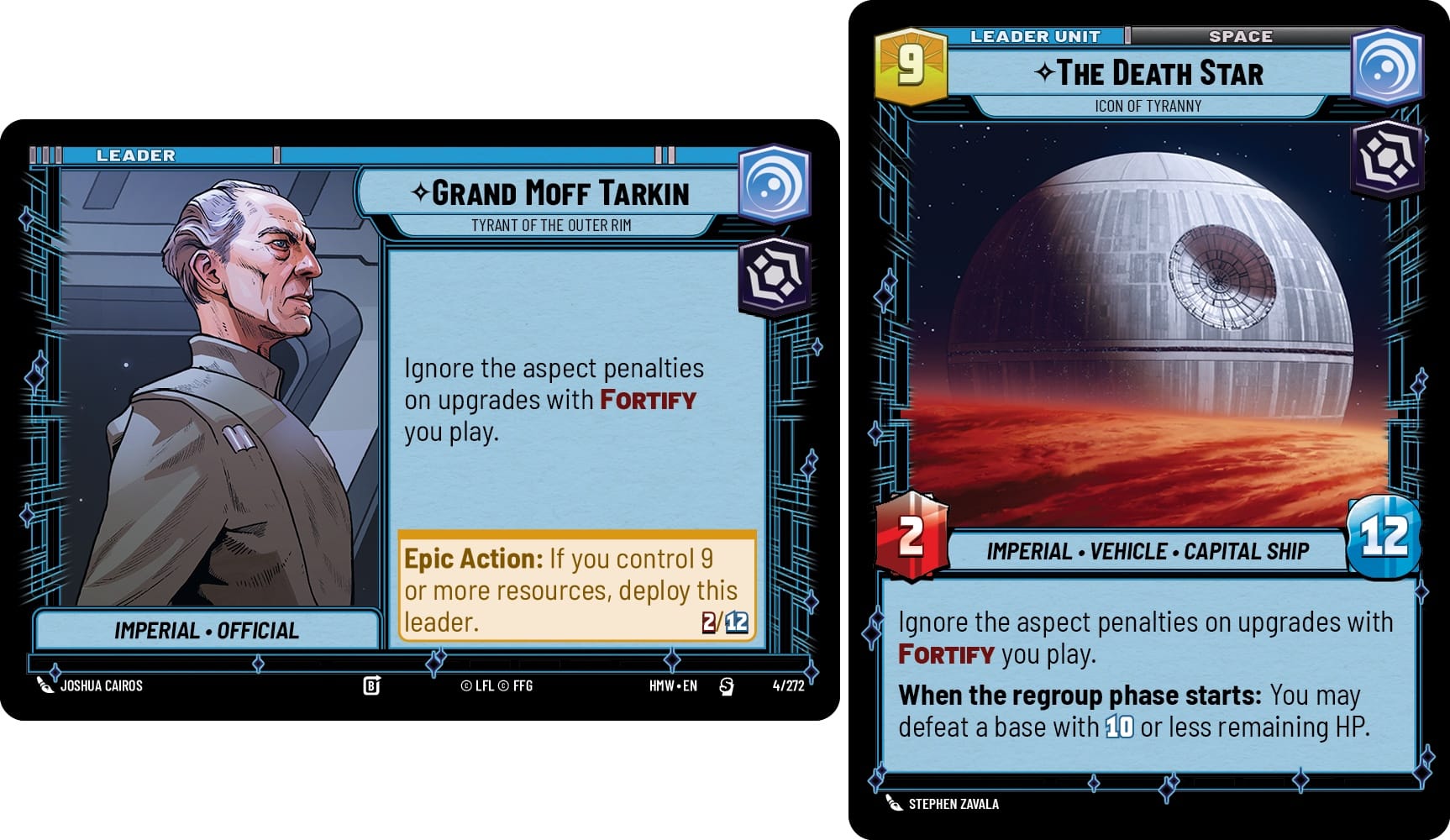 The Leader card for Grand Moff Tarkin and its Death Star form once deployed