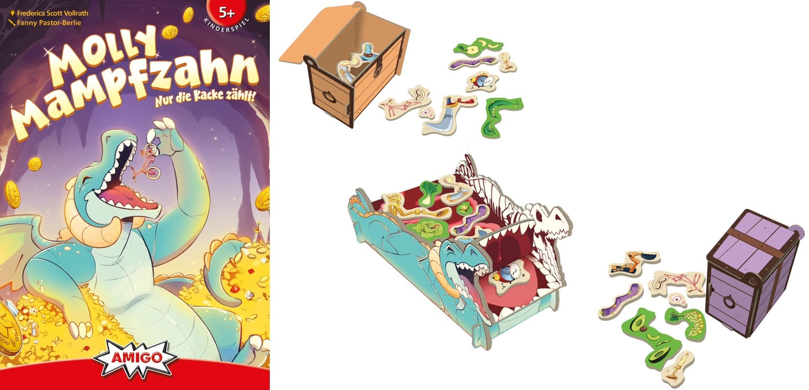 The front cover of Mooly Mampfzahn shows a dragon on piles of money eating a bicycle; the gameplay example shows a 3D dragon in which the intestinal track is now a flat plane with eaten items on it