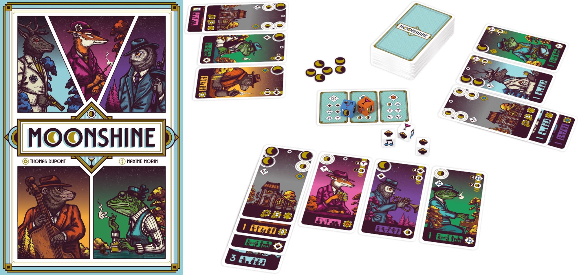 Moonshine box cover beside a gameplay setup with speakeasy and client cards, moon tokens, and five dice.